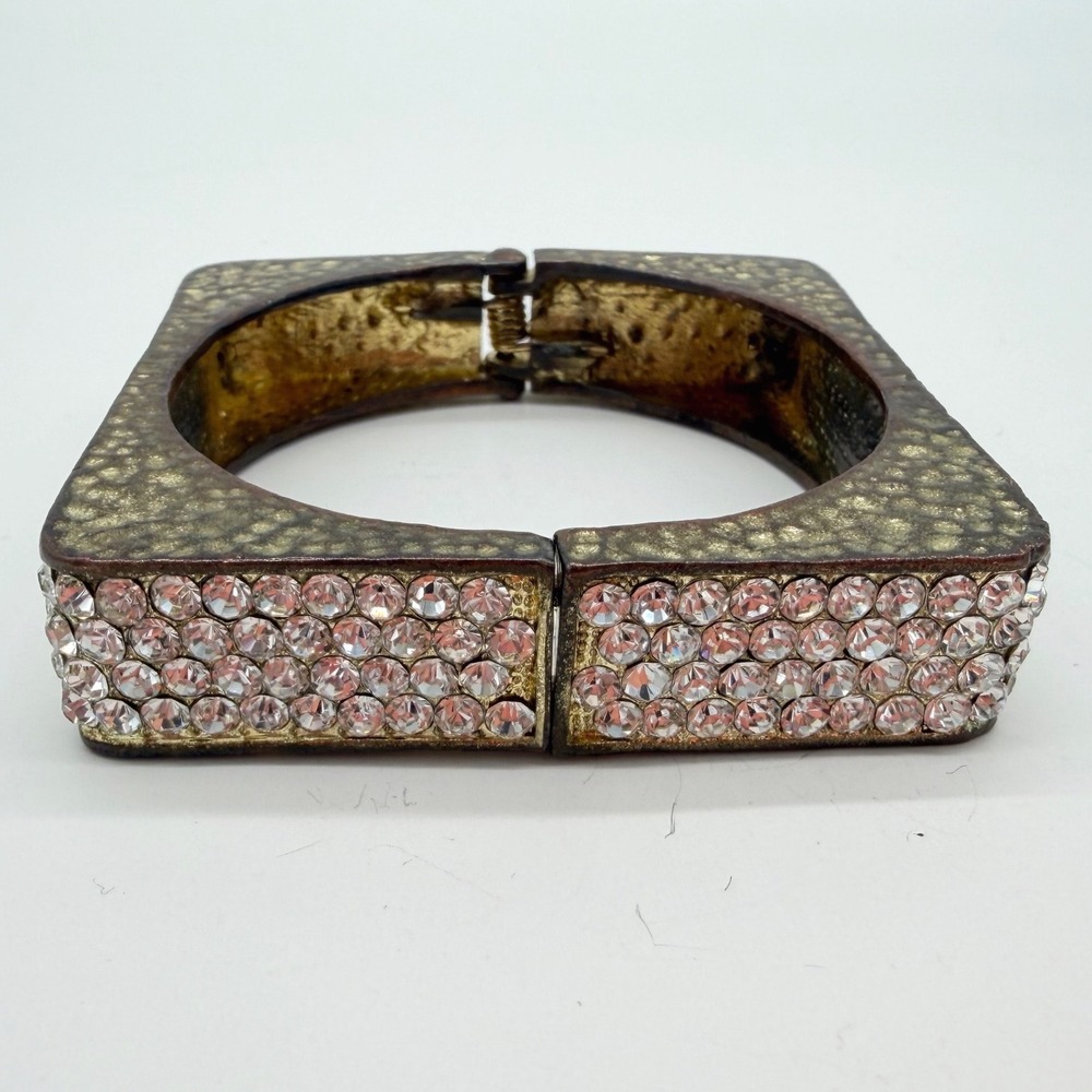 Vintage Square Rhinestone Hinged Bangle Bracelet Gold Tone Chunky Glam